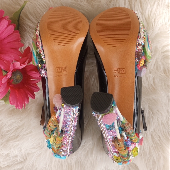 Sale! Custom Made Zombie Peepshow Candy Embellished Black Strappy Platform Heels - Picture 7 of 16